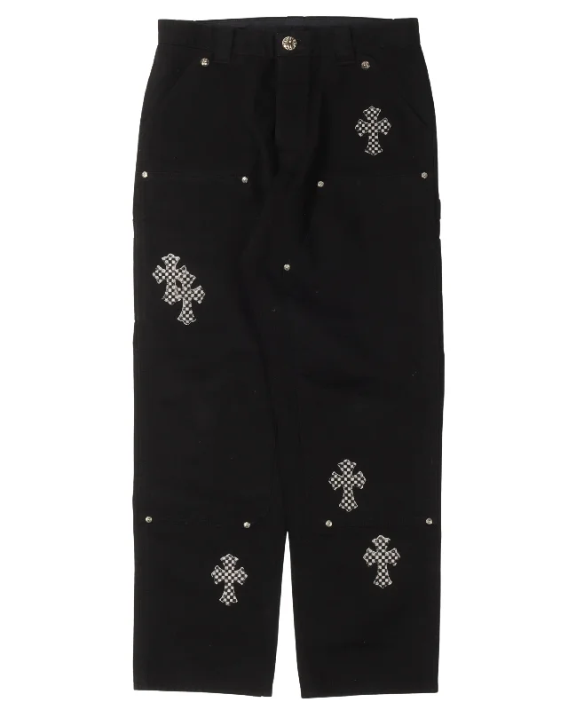 Checkered Cross Patch Double Knee Pants Comfy High-Waist Jeans