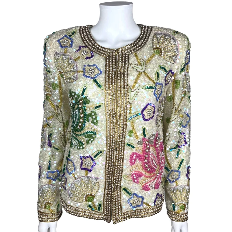 Vintage 1980s Beaded Jacket White Silk Laurence Kazar Size M Fleece Jacket Down Jacket Parka