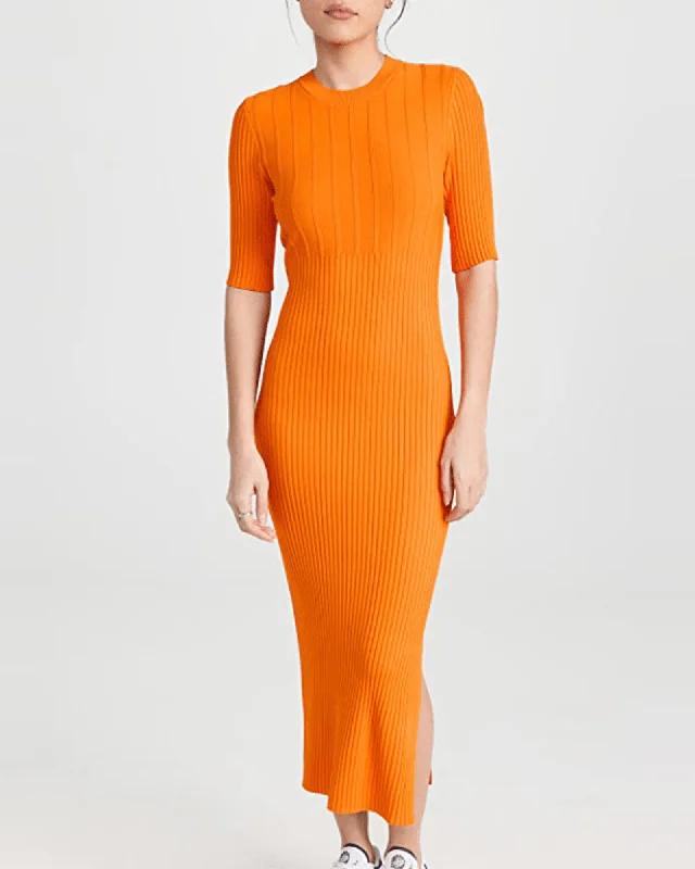 Mixed Rib Sweater Dress In Nectarine Satin Blend Silk Blend Wool Blend