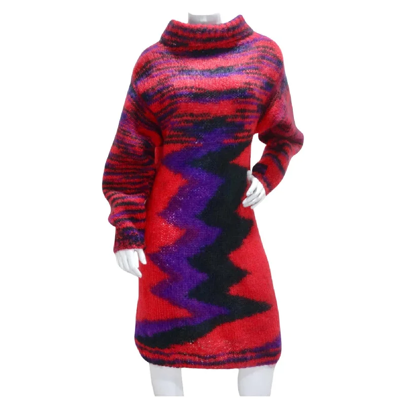 1980s Hand Knit Multicolor Sweater Dress Fitted Slim Tailored