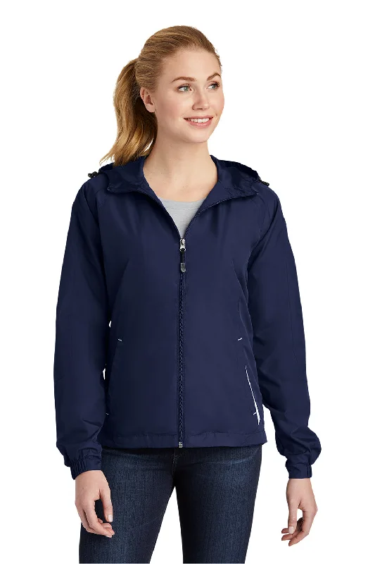 Sport-Tek Womens Water Resistant Full Zip Hooded Jacket - True Navy Blue/White Notch Collar Peter Pan Collar Cowl Neck