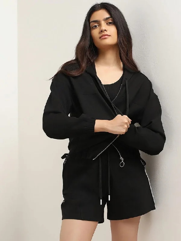 Studiofit Black Crop Hooded Jacket Hooded Jacket Caped Jacket Shawl Collar Jacket