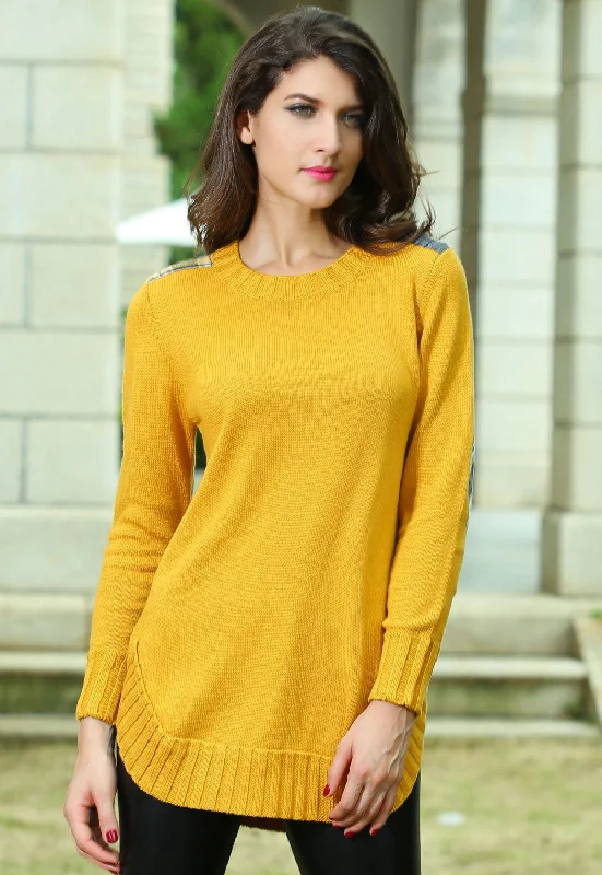 Sexy Yellow Stylish Round Neck Knitted Sweater Dress Lightweight Heavyweight Midweight