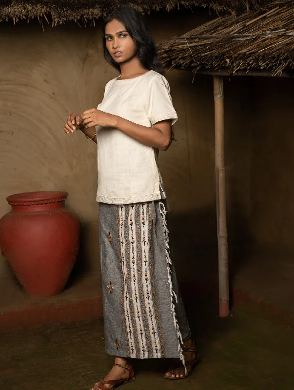 Handwoven Khesh & Kantha Embroidered Cotton Wrap Skirt - Soft Grey velvet skirt plush