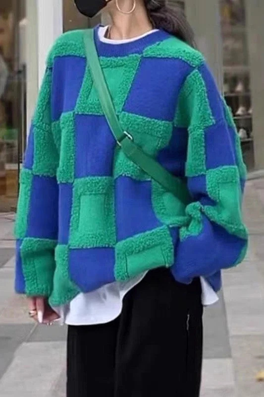 WOMEN PLAID KNITTED SWEATER Lace Blend Ribbed Blend Corduroy Blend