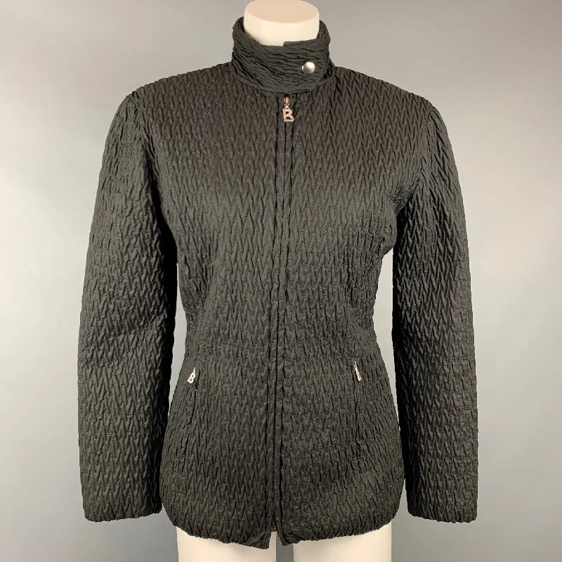 BOGNER Size 6 Black Quilted Textured Nylon Jacket Oversized Jacket Tailored Jacket Straight Jacket