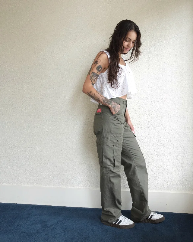 Red Label Six Pocket Bellows Pants, Loden Ripstop Wide-Legged Palazzos