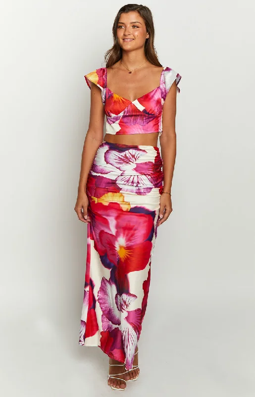 Romantic Rose Pink Floral Print Maxi Skirt cashmere skirt soft