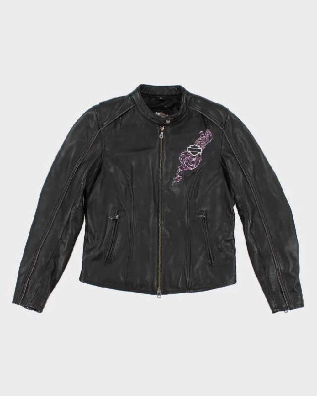 Womens Black Harley Davidson Moto Jacket - M Front Pockets Side Pockets Patch Pockets