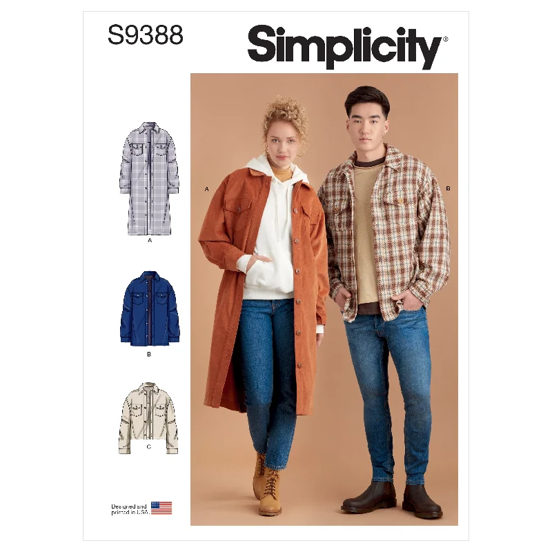 Simplicity Pattern 9388 Unisex Shirt Jackets Satin Fabric Silk Fabric Chiffon Fabric
