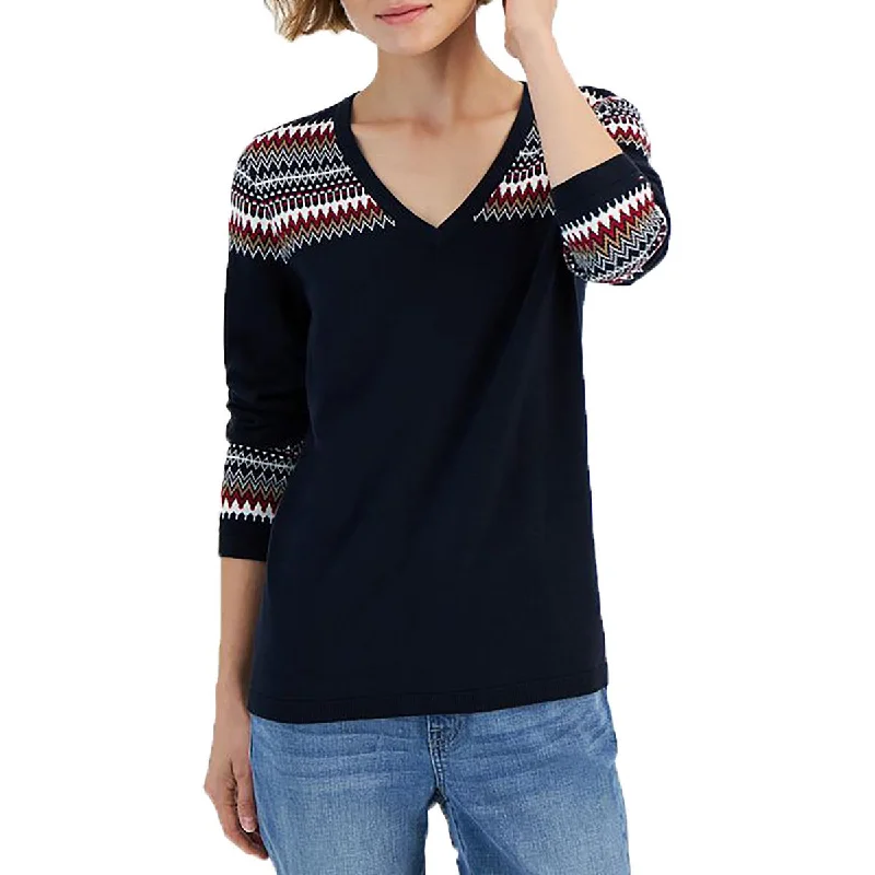 Tommy Hilfiger Womens Printed Knit V-Neck Sweater Real Fur Shearling Chenille