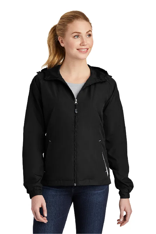 Sport-Tek Womens Water Resistant Full Zip Hooded Jacket - Black/White Oversized Jacket Tailored Jacket Straight Jacket