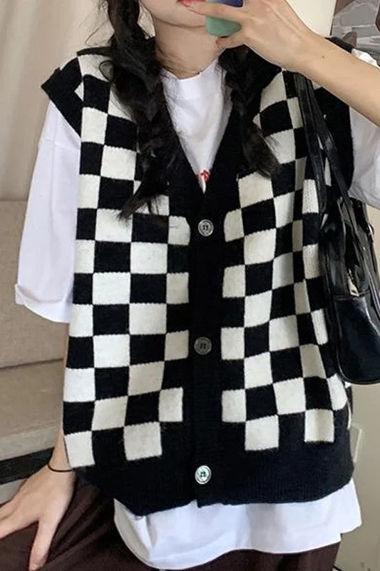 OVERSIZED PLAID PREPPY CHECKERBOARD SWEATER VEST Faux Fur Fabric Real Fur Fabric Shearling Fabric