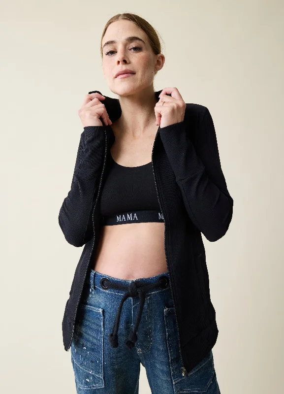Active Maternity Rib Side Zip Jacket Black Faux Fur Fabric Real Fur Fabric Shearling Fabric
