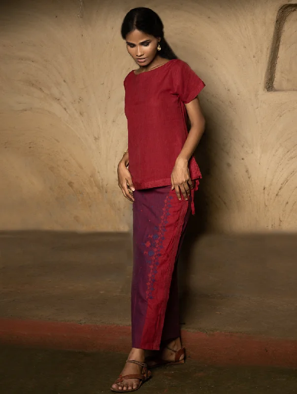 Handwoven Elegance.  Kashida Pattu Cotton Wrap Skirt & Top Set - Wine & Blue denim skirt classic