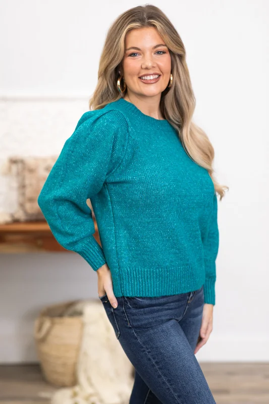 Teal Melange Puff Sleeve Sweater Modern Contemporary Chic