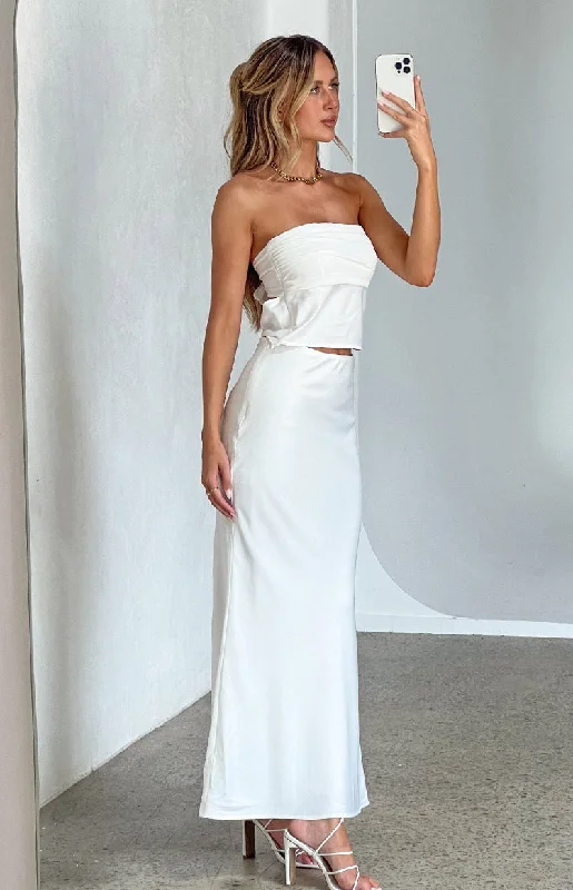Genevieve White Satin Maxi Skirt wool skirt breathable