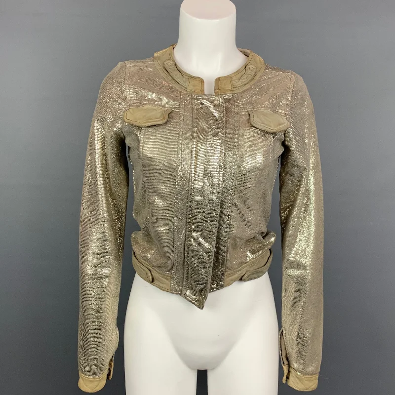 GIORGIO BRATO Size 4 Taupe Metallic Leather Zip Up Jacket Front Pockets Side Pockets Patch Pockets