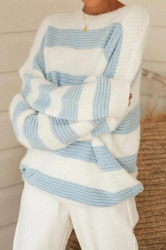 LONG SLEEVE ROUND NECK STRIPE LOOSE FIT SWEATER Mesh Blend Leather Blend Suede Blend