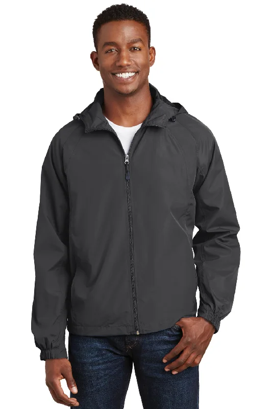 Sport-Tek Mens Water Resistant Full Zip Hooded Jacket - Graphite Grey Front Pockets Side Pockets Patch Pockets