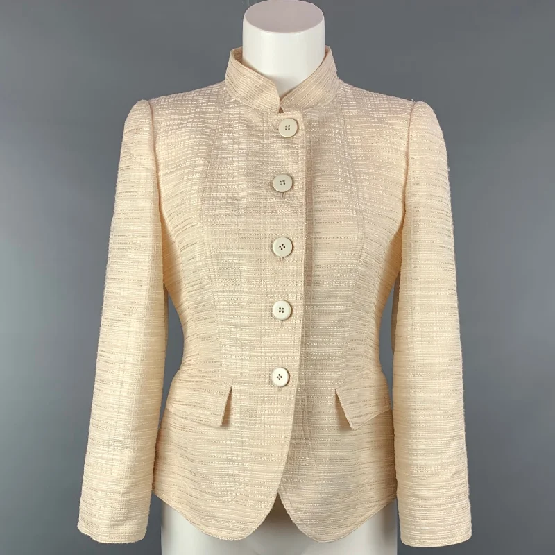 ARMANI COLLEZIONI Size 6 Cream Seersucker Silk / Viscose Buttoned Jacket Herringbone Jacket Houndstooth Jacket Plaid Jacket