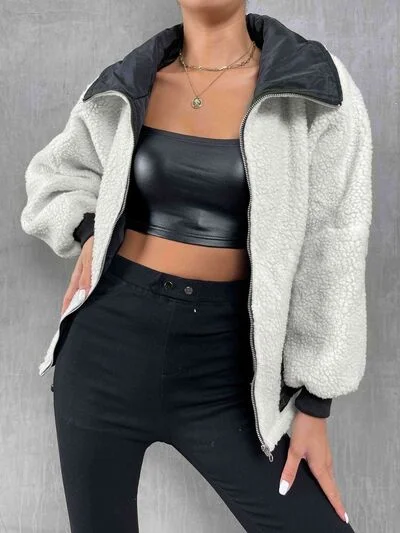 Contrast Drawstring Collared Neck Jacket Zippered Jacket Buttoned Jacket Snapped Jacket