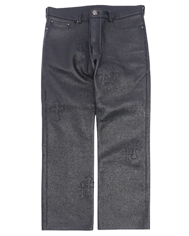 Leather Cross Patch Pants Warm Wool Trousers