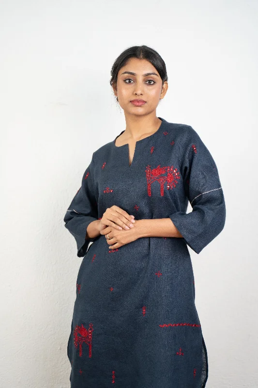 NIGHT BLUE LINEN KURTA PANT Stretch Fit Pants
