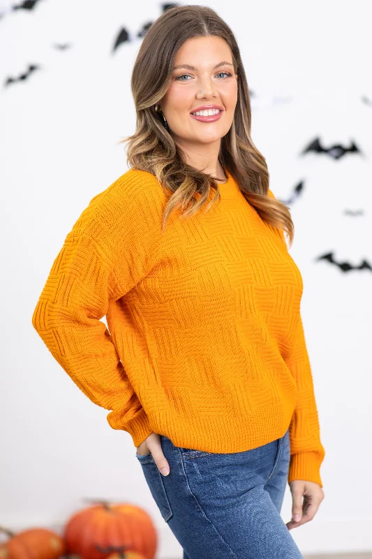 Orange Checkerboard Textured Sweater Hooded Caped Shawl Collar