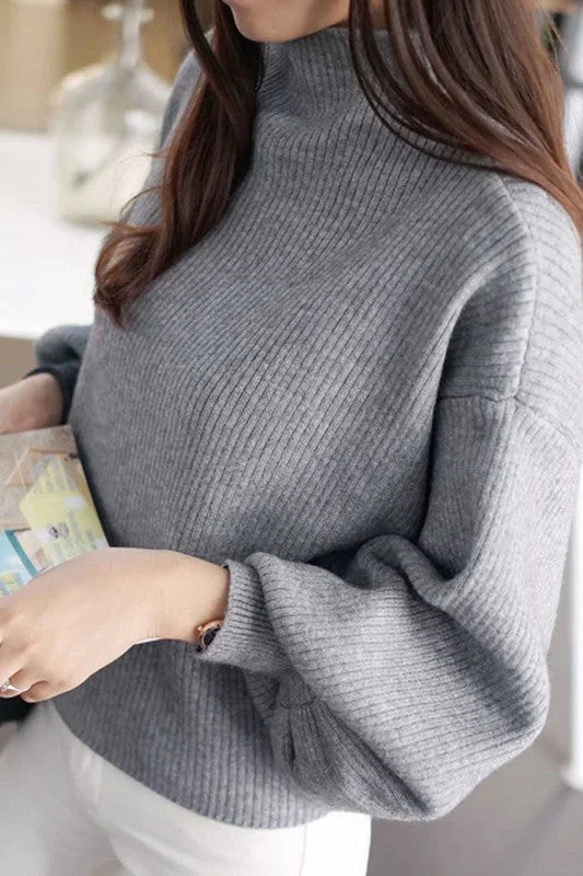 RIB WARM BALLOON SLEEVE MOCK NECK SWEATER Denim Fabric Leather Fabric Suede Fabric