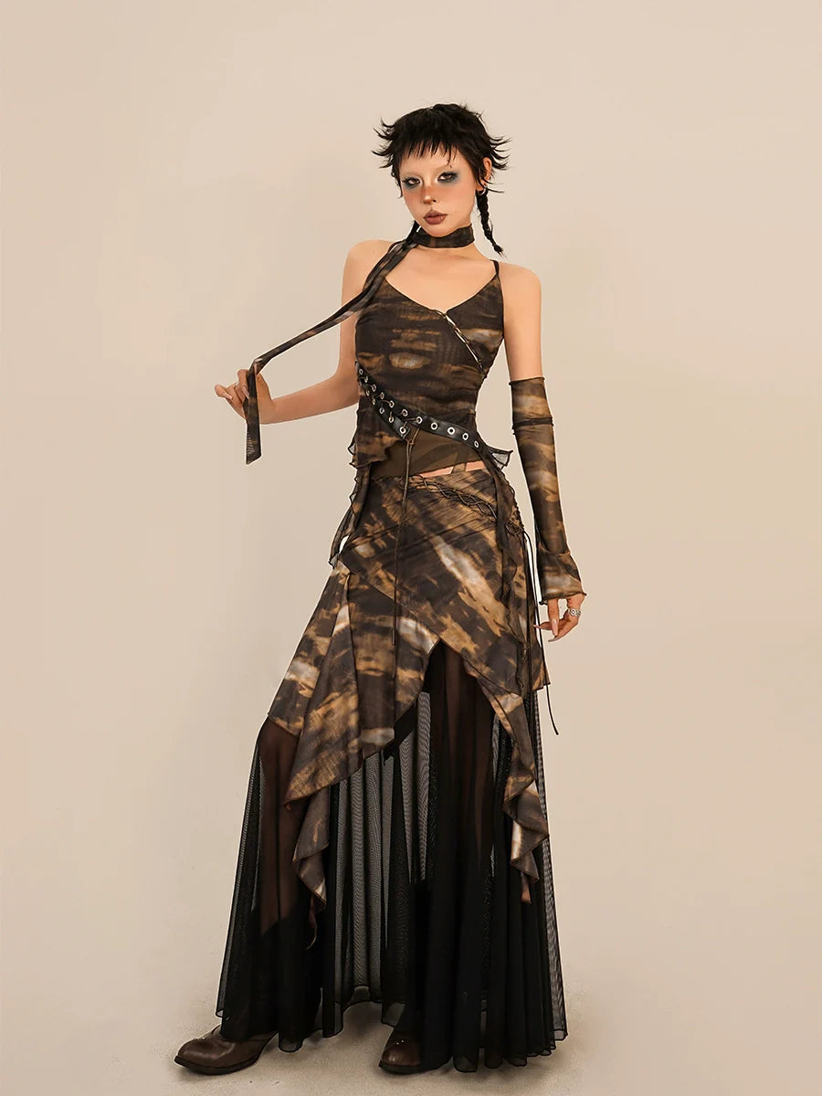 Nico Molly  Abstract Tie-Dye Asymmetrical Skirt - Brown and Black linen skirt light
