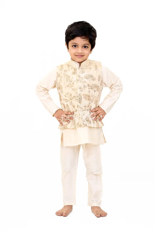 Boys Cream Kurta Set with Embroidered Jacket and Straight Pants for Festive Wear Rayon Fabric Velvet Fabric Corduroy Fabric