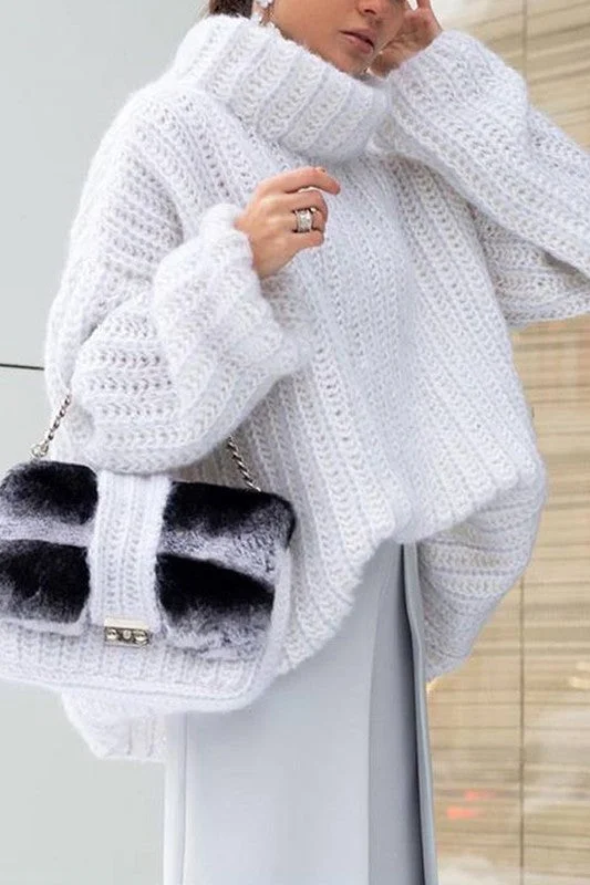 TURTLE NECK CROCHET KNITTED SWEATER Chenille Blend Fleece Blend Nylon Blend