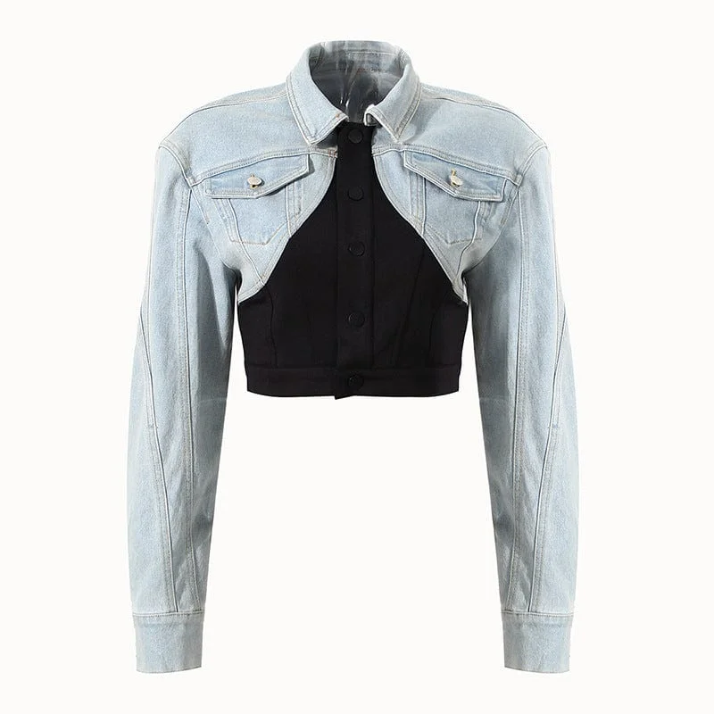Fashionable jacket women fall 2022 streetwear short casual retro false two pieces of stitching denim jacket for women Tailored Jacket Straight Jacket A-Line Jacket