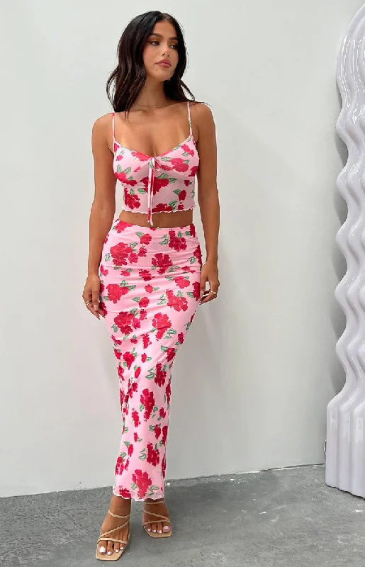 Emz Pink Floral Mesh Midi Skirt wool skirt warm