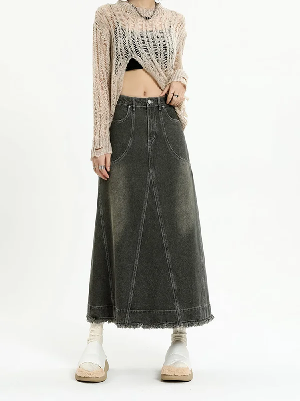 Frayed Hem Denim Midi Skirt wool skirt warm