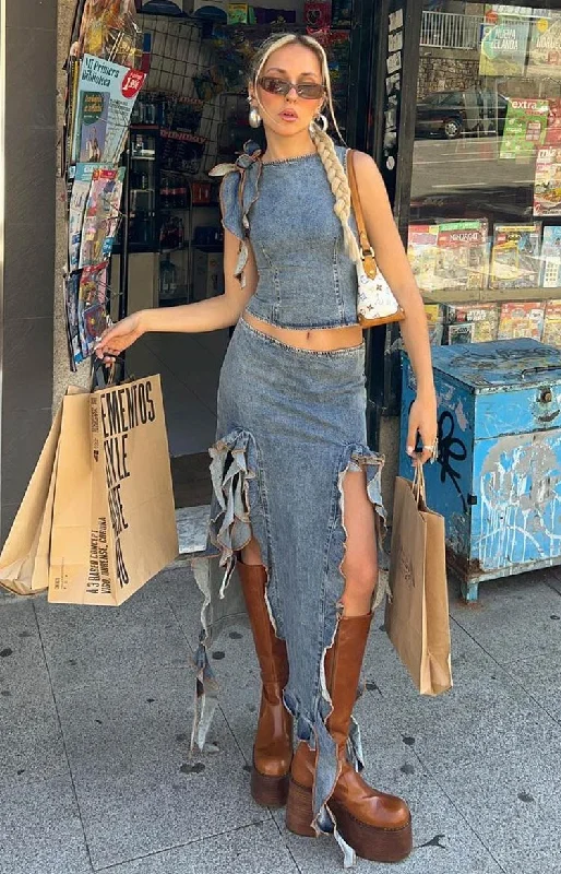 Lioness Rendezvous Faded Denim Maxi Skirt high slit skirt