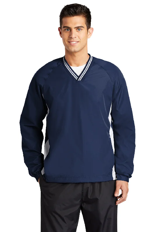 Sport-Tek Mens Water Resistant V-Neck Jacket - True Navy Blue/White Herringbone Jacket Houndstooth Jacket Plaid Jacket