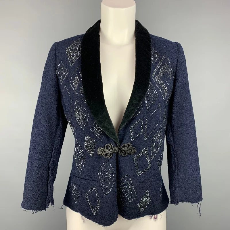 VINTAGE Size S Navy & Black Crepe Rhinestones Tuxedo Jacket Hooded Jacket Caped Jacket Shawl Collar Jacket