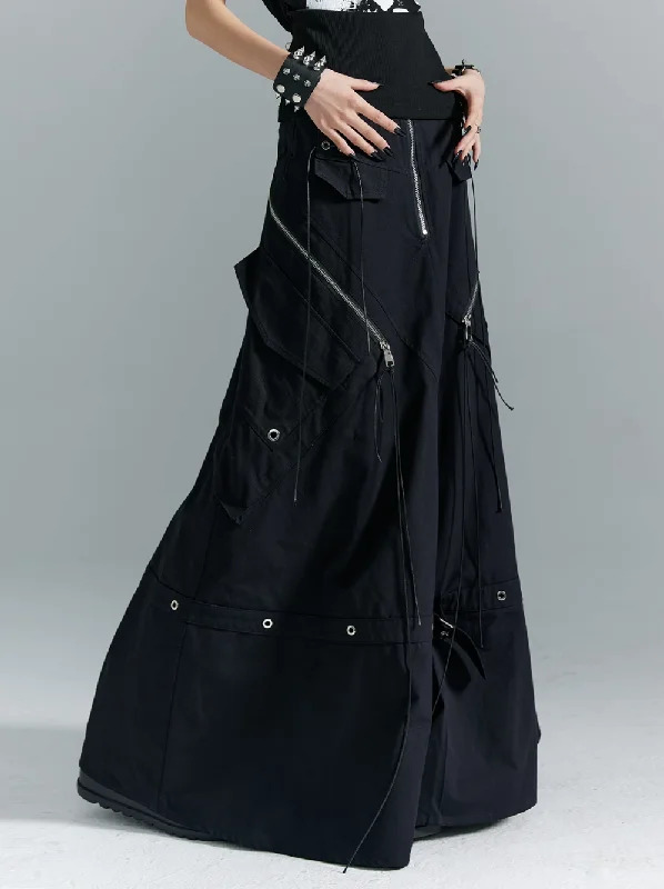 Frustration Garden Gothic Cargo Maxi Skirt - Black Floor-Length with Zipper Details and Multiple Pockets cashmere skirt soft