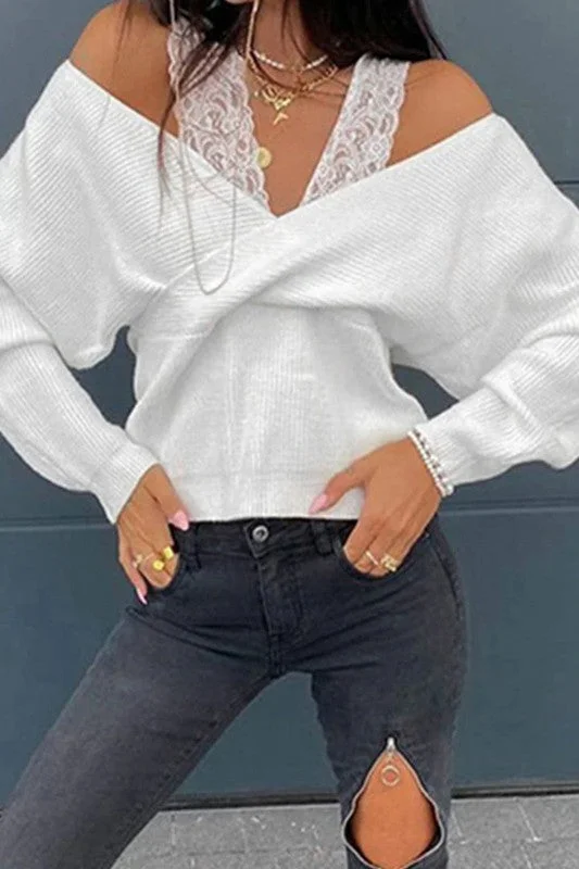 STITCHING SLASH V-NECK WIDE LACE STRAP SWEATER Graphic Sweater Embroidered Appliqued
