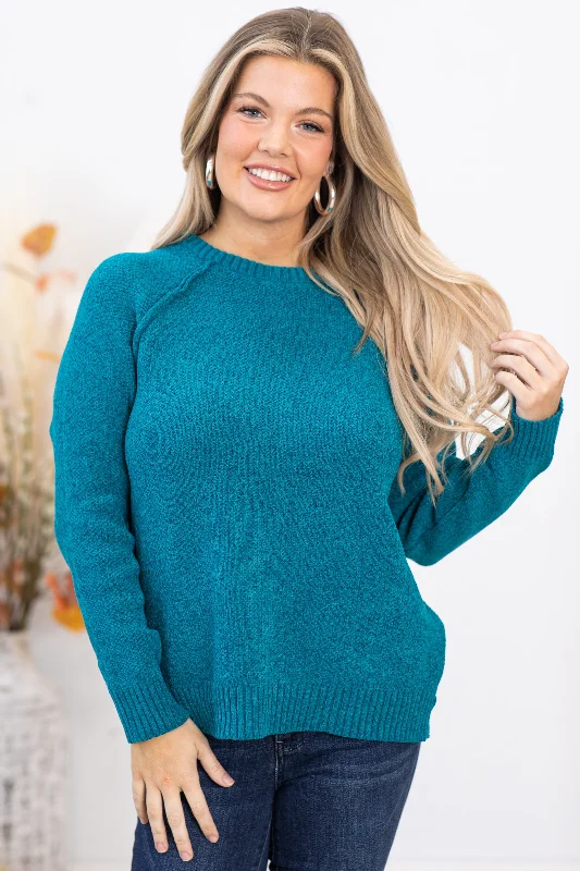Teal Raglan Sleeve Chenille Sweater Houndstooth Herringbone Solid