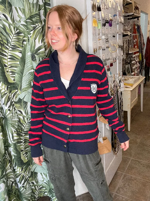 Tommy Hilfiger Red Stripe Collar Fleece-Lined Sweater - Large Zippered Buttoned Snapped