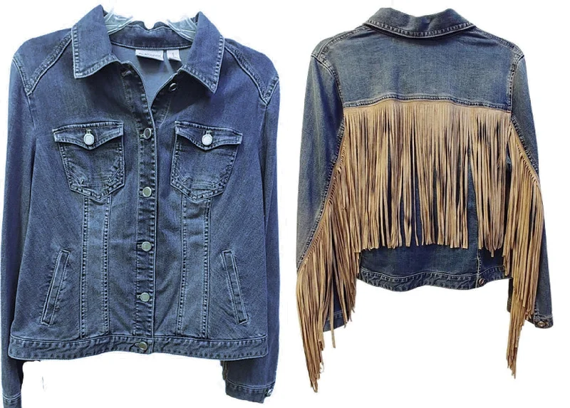 NEW WITHOUT TAGS - CHICO'S PLATINUM COLLECTION DENIM SUEDE JACKET WITH FABULOUS 12" FRINGE - WOULD MAKE A WONDERFUL CHRISTMAS OR BIRTHDAY GIFT Nylon Fabric Polyester Fabric Spandex Fabric