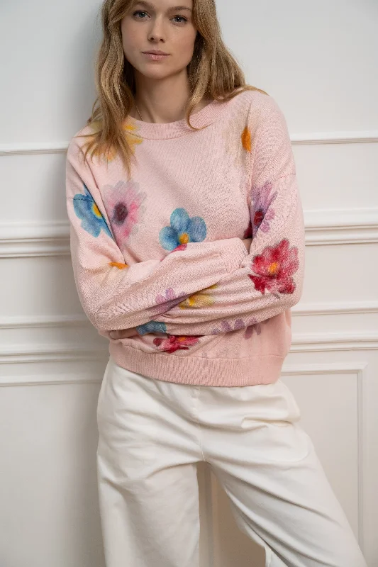 JEFF Floral Pink Sweater Ribbed Striped Patterned