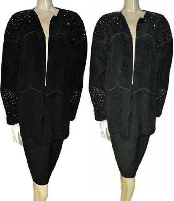 *VINTAGE CACHE DAZZLING SPARKLING RHINESTONE BLACK SUEDE JACKET Print Jacket Jacquard Jacket Embroidered Jacket