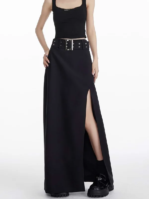 Maxi Skirt with Side Slit and Grommet Belt corduroy skirt cozy