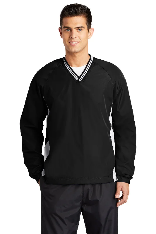 Sport-Tek Mens Water Resistant V-Neck Jacket - Black/White Front Pockets Side Pockets Patch Pockets
