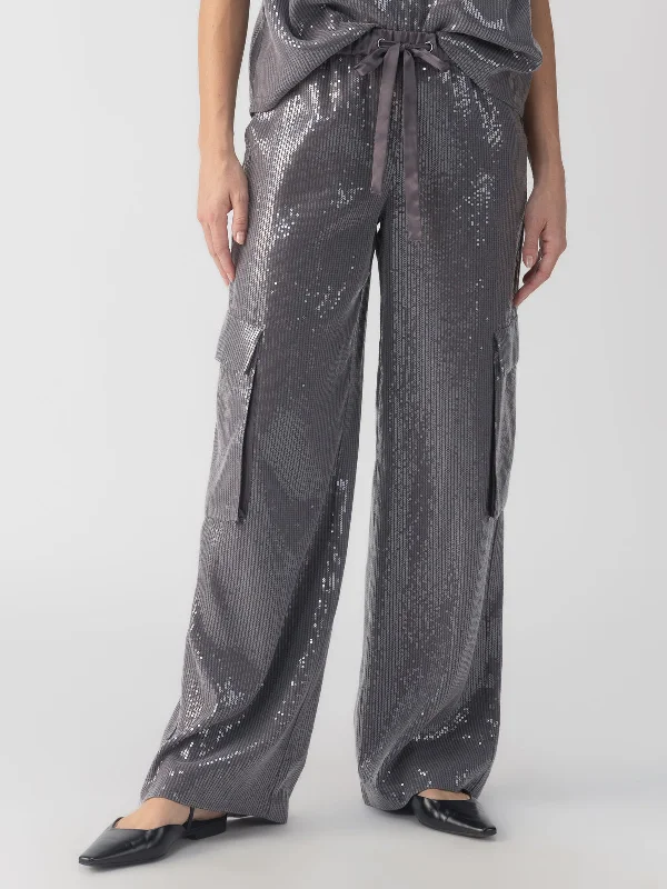 Pull-On Sequin Semi High Rise Cargo Pant Gunmetal Classic Pleated Pants
