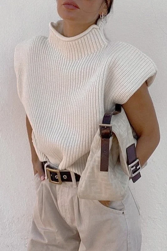 SLEEVELESS HIGH COLLAR SWEATER WITH SHOULDER PADS Cable Knit Ribbed Knit Lace Knit